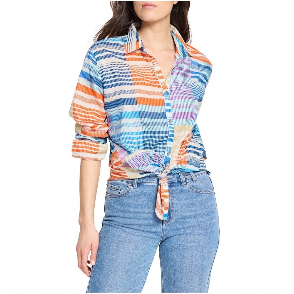 NIC+ZOE Sunset Stripe Boyfriend Shirt Blue Multi Cotton Button Down Medium